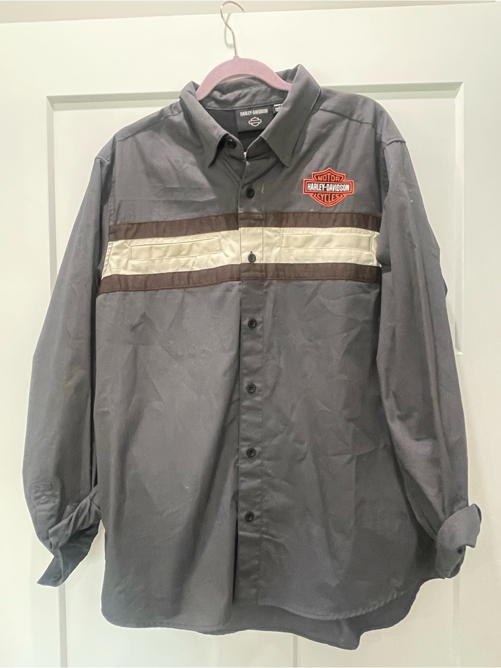Harley-Davidson Gray Shirt with Brown and Cream Stripes